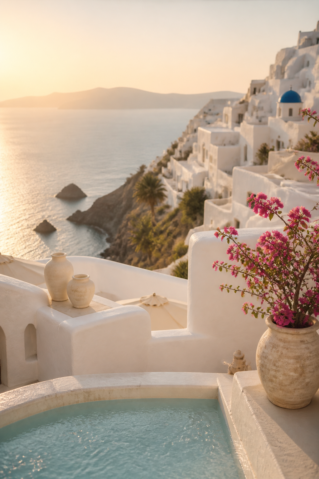 Santorini white terraces at golden hour
